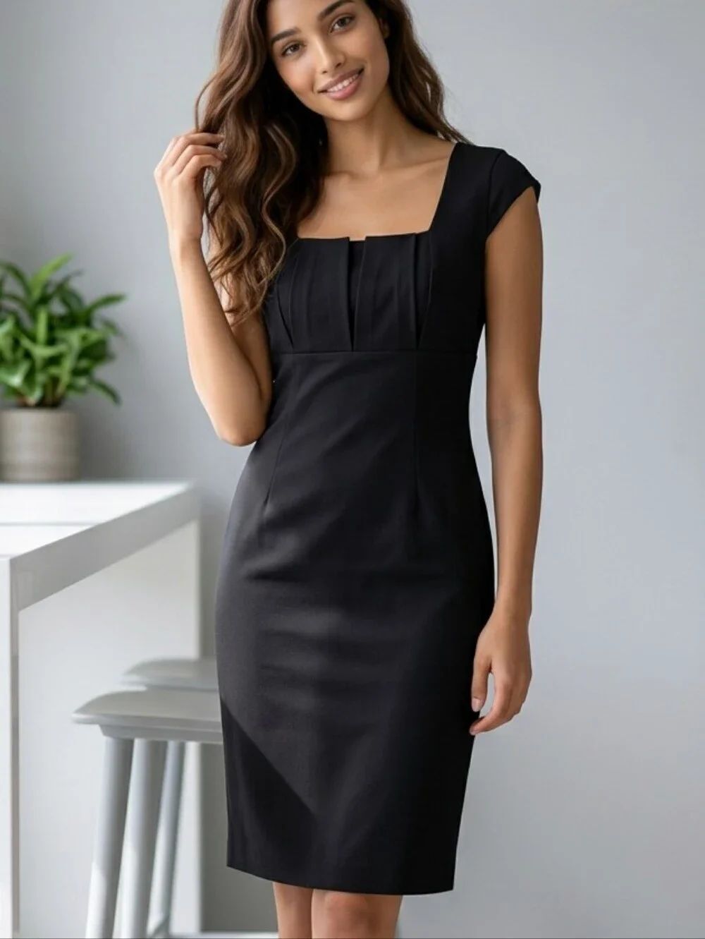 Calvin Klein Pleated Bust Sheath Dress Black Cap Sleeve Career Office Size 6